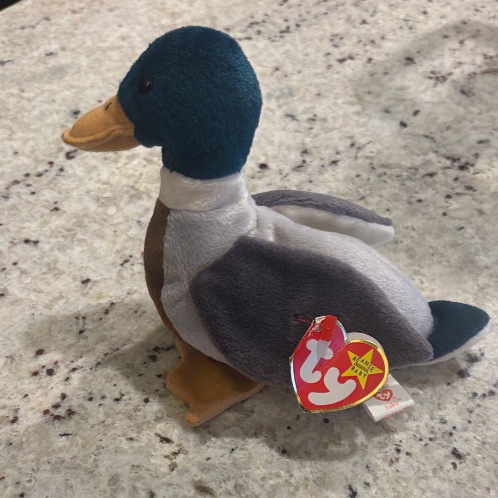 Retired Beanie Baby Ty Plush Duck Mallard Toy - Green , White, and Brown